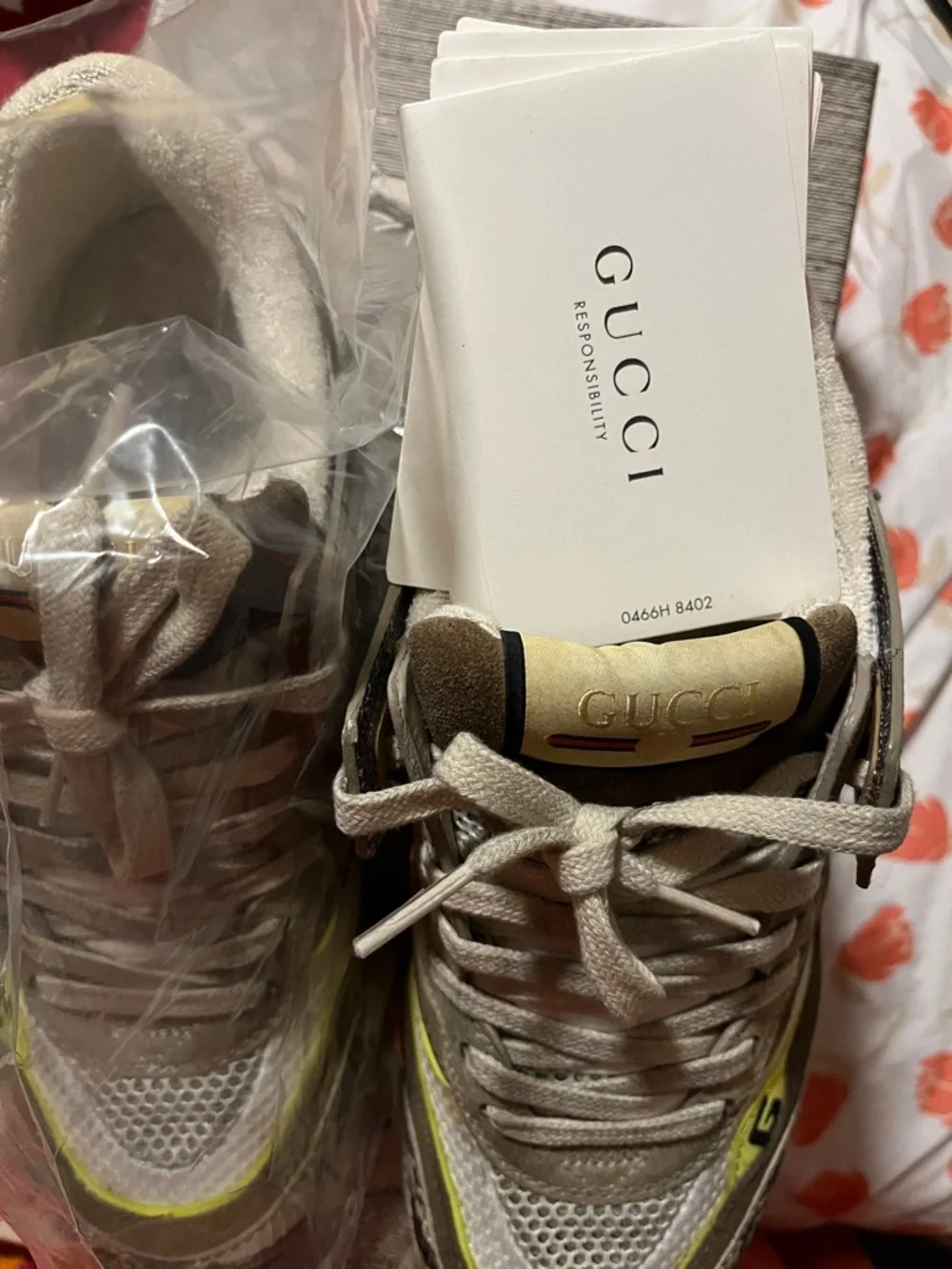 Gucci Beige Suede & Mesh Sneakers with Neon Yellow Accent - Picture 4 of 15